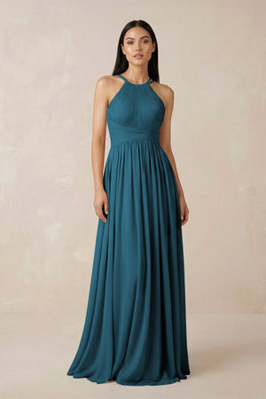 Halter Neck A - Line Chiffon Bridesmaid Dress in Dark Teal - KISS BRIDAL Bridesmaid Dresses