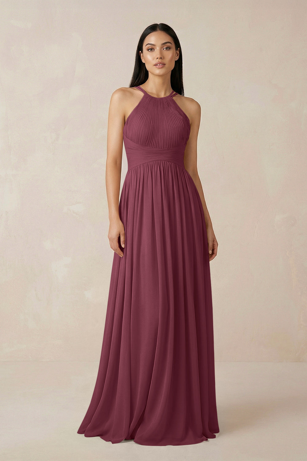 Halter Neck A-Line Chiffon Bridesmaid Dress in Desert Rose