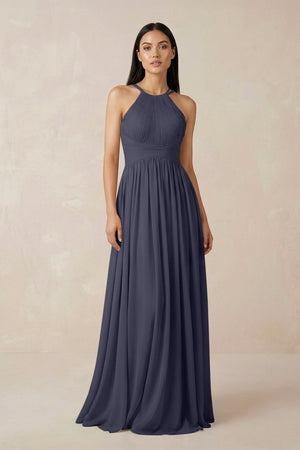 Halter Neck A - Line Chiffon Bridesmaid Dress in Dusk Blue - KISS BRIDAL Bridesmaid Dresses