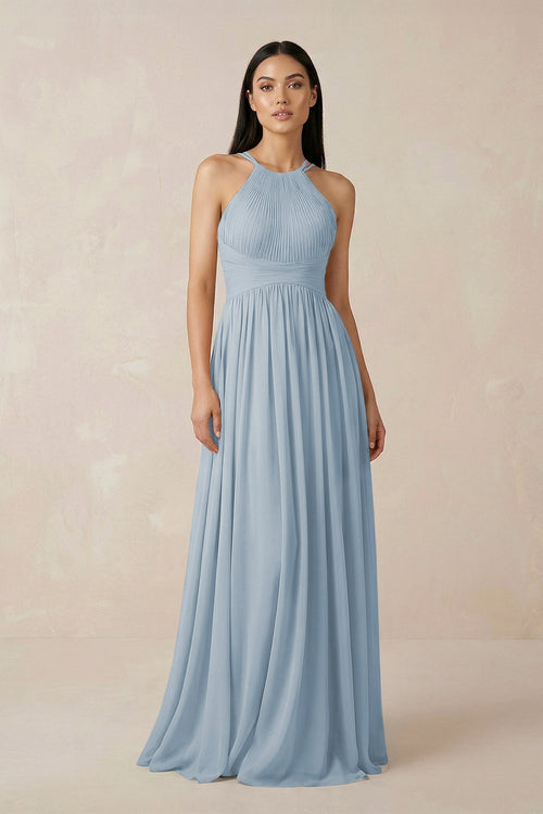 Halter Neck A - Line Chiffon Bridesmaid Dress in Dusty Blue - KISS BRIDAL Bridesmaid Dresses
