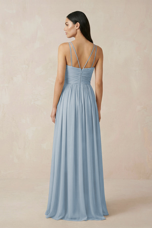 Halter Neck A - Line Chiffon Bridesmaid Dress in Dusty Blue - KISS BRIDAL Bridesmaid Dresses