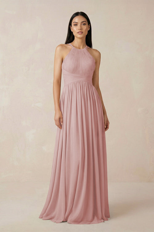 Halter Neck A - Line Chiffon Bridesmaid Dress in Dusty Rose - KISS BRIDAL Bridesmaid Dresses