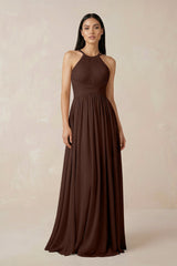 Halter Neck A - Line Chiffon Bridesmaid Dress in Espresso - KISS BRIDAL Bridesmaid Dresses