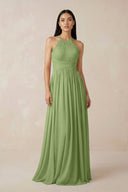 Halter Neck A - Line Chiffon Bridesmaid Dress in Matcha - SHE IS ME Bridesmaid Dresses