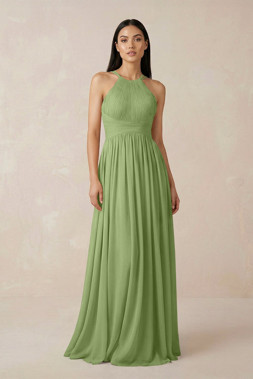 Halter Neck A - Line Chiffon Bridesmaid Dress in Matcha - SHE IS ME Bridesmaid Dresses
