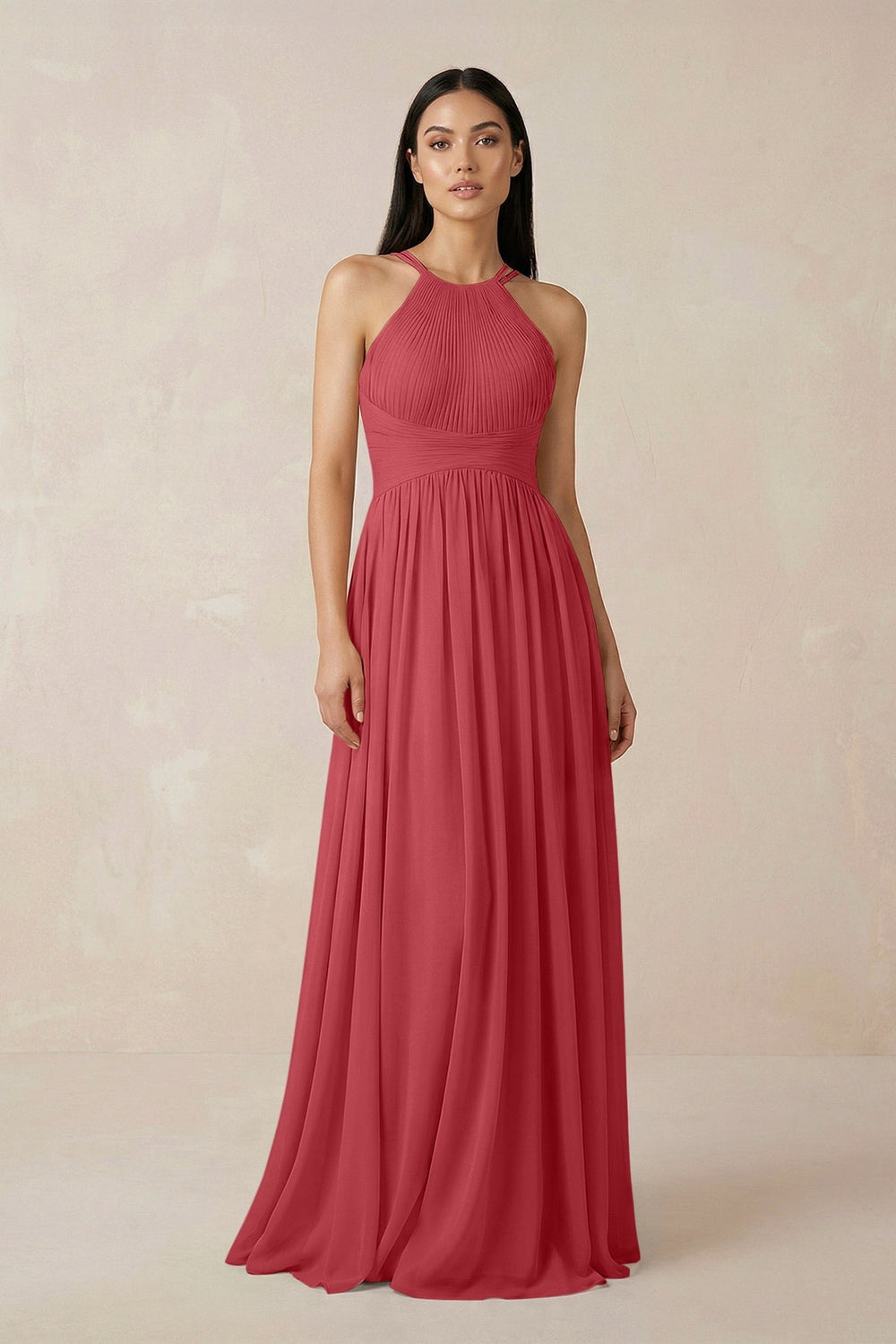 Halter Neck A - Line Chiffon Bridesmaid Dress in Merlot - KISS BRIDAL Bridesmaid Dresses