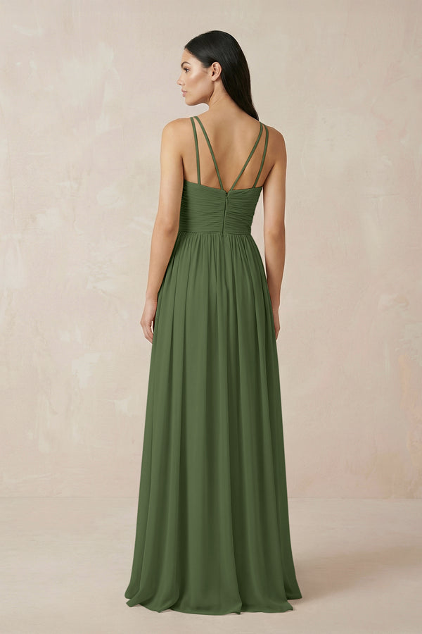 Halter Neck A-Line Chiffon Bridesmaid Dress in Moss (2) | KISSBRIDAL