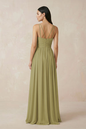 Halter Neck A-Line Chiffon Bridesmaid Dress in Moss Green (2) | KISSBRIDAL