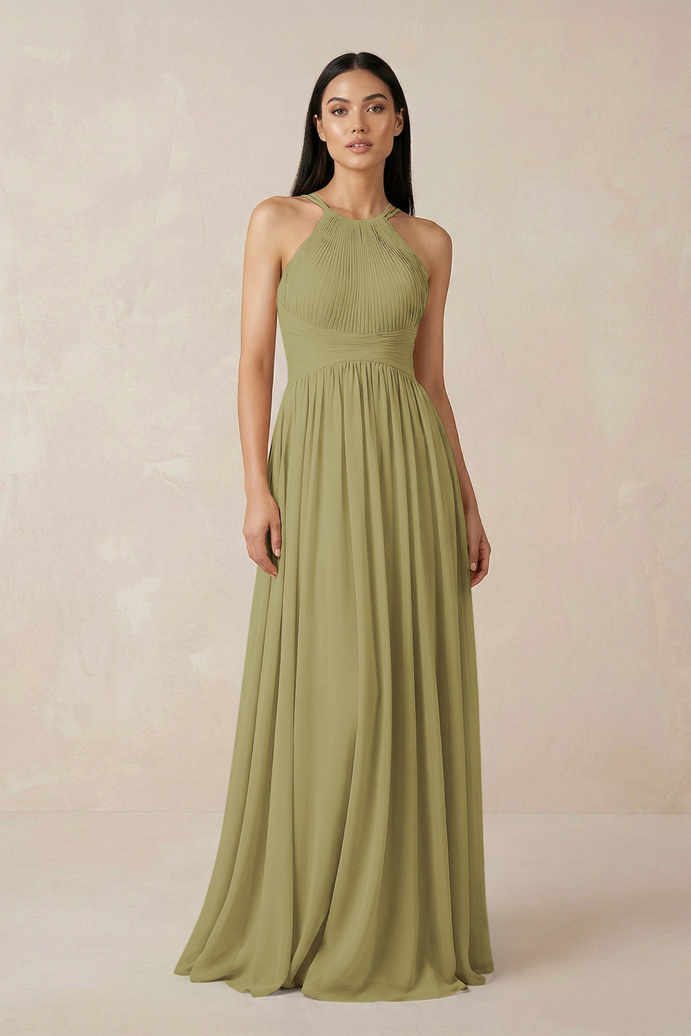 Halter Neck A-Line Chiffon Bridesmaid Dress in Moss Green