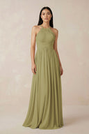 Halter Neck A-Line Chiffon Bridesmaid Dress in Moss Green | KISSBRIDAL