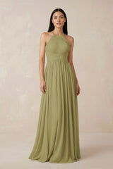 Halter Neck A-Line Chiffon Bridesmaid Dress in Moss Green | KISSBRIDAL