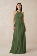 Halter Neck A-Line Chiffon Bridesmaid Dress in Moss | KISSBRIDAL