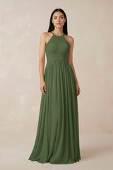 Halter Neck A-Line Chiffon Bridesmaid Dress in Moss | KISSBRIDAL