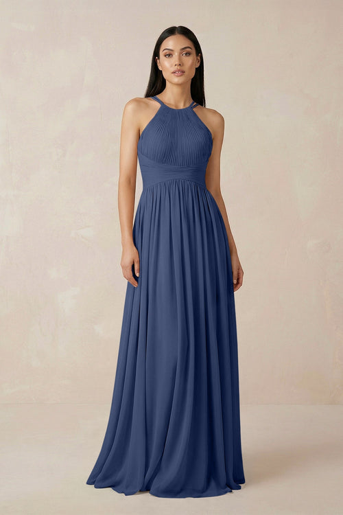 Halter Neck A - Line Chiffon Bridesmaid Dress in Navy - SHE IS ME Bridesmaid Dresses