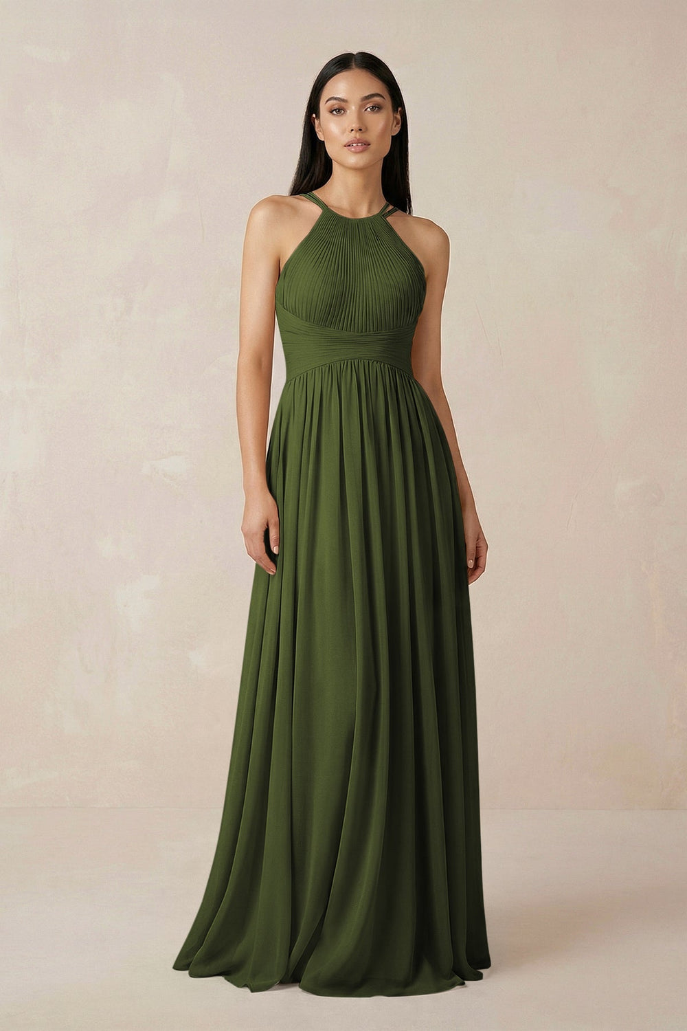 Halter Neck A - Line Chiffon Bridesmaid Dress in Olive - SHE IS ME Bridesmaid Dresses