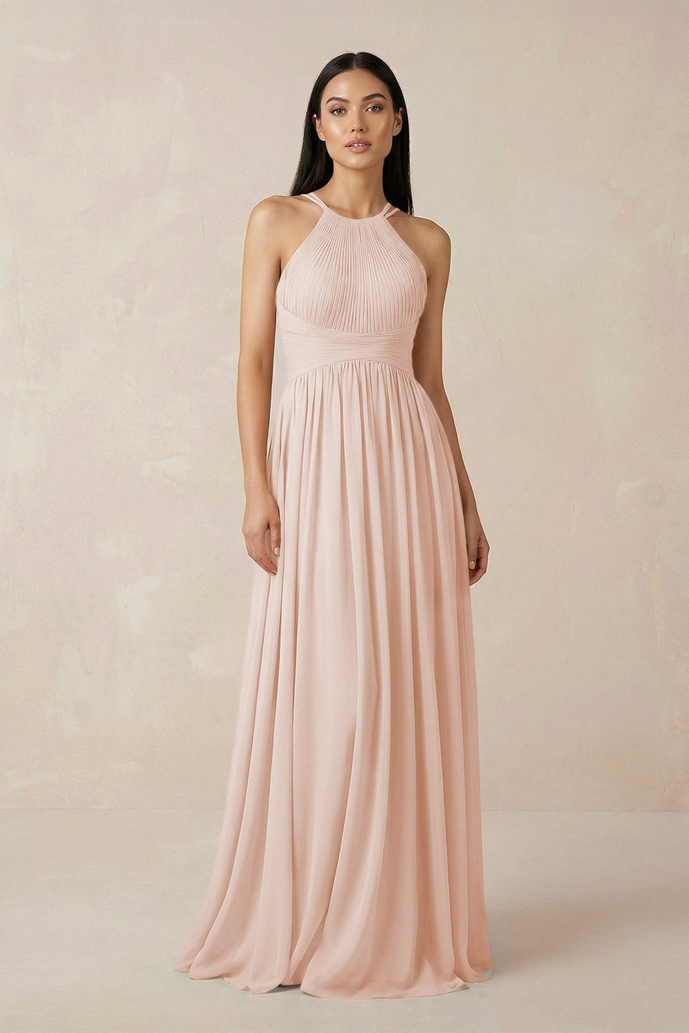 Halter Neck A - Line Chiffon Bridesmaid Dress in Pale Blush - KISS BRIDAL Bridesmaid Dresses