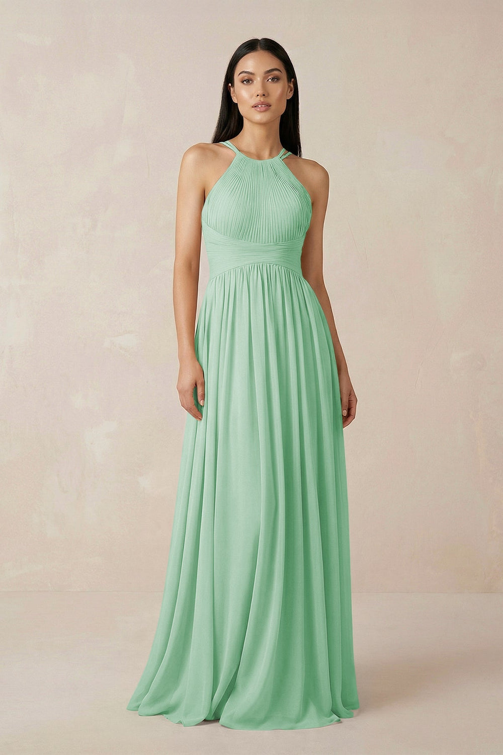 Halter Neck A - Line Chiffon Bridesmaid Dress in Pale Pistachio - SHE IS ME Bridesmaid Dresses