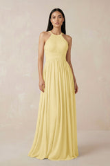 Halter Neck A - Line Chiffon Bridesmaid Dress in Pastel Yellow - KISS BRIDAL Bridesmaid Dresses