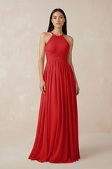 Halter Neck A - Line Chiffon Bridesmaid Dress in Ruby Red - KISS BRIDAL Bridesmaid Dresses