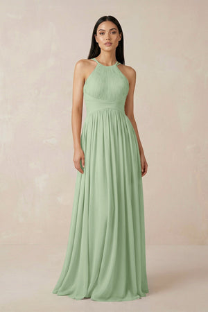 Halter Neck A - Line Chiffon Bridesmaid Dress in Sage - SHE IS ME Bridesmaid Dresses