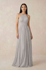 Halter Neck A - Line Chiffon Bridesmaid Dress in Silver - KISS BRIDAL Bridesmaid Dresses