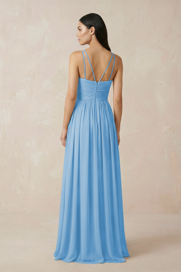 Halter Neck A - Line Chiffon Bridesmaid Dress in Steel Blue - KISS BRIDAL Bridesmaid Dresses