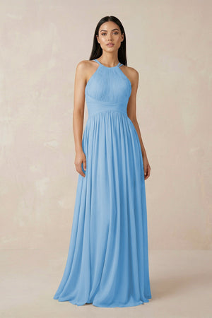 Halter Neck A - Line Chiffon Bridesmaid Dress in Steel Blue - KISS BRIDAL Bridesmaid Dresses