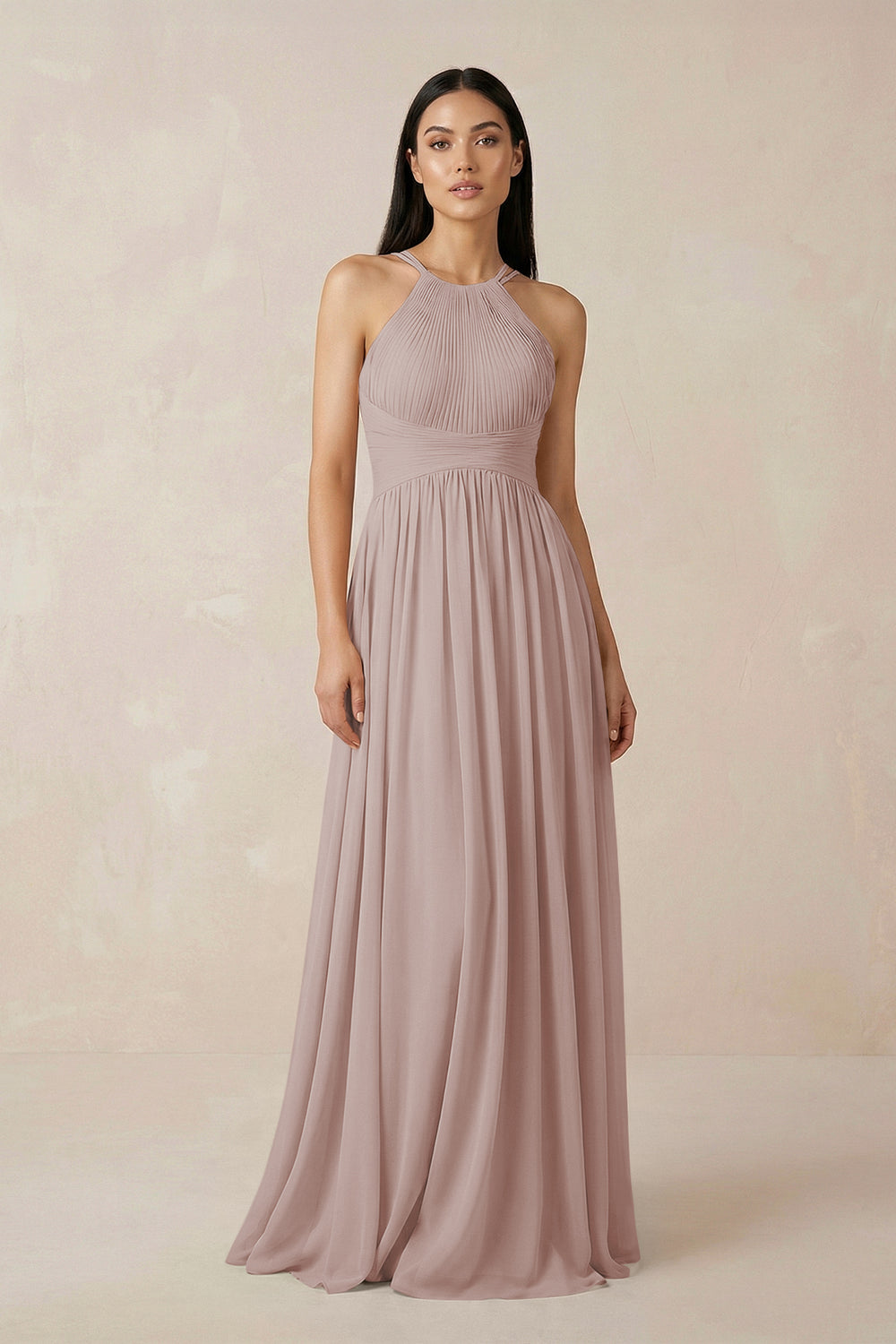 Halter Neck A-Line Chiffon Bridesmaid Dress in Toffee