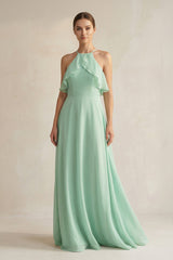 Halter Neck A-Line Chiffon Bridesmaid Dress with Keyhole in Pale Pistachio - KISS BRIDAL BRIDESMAID DRESSES
