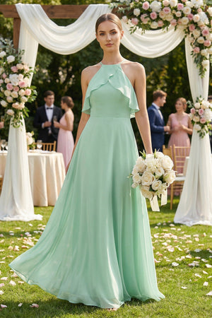 Halter Neck A-Line Chiffon Bridesmaid Dress with Keyhole in Pale Pistachio - SHE IS ME BRIDESMAID DRESSES