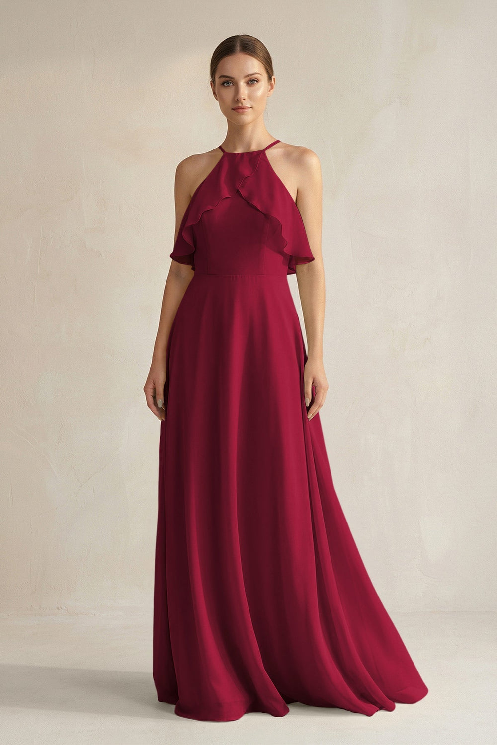 Halter Neck A - Line Chiffon Bridesmaid Dress with Keyhole in Berry - SHE IS ME Bridesmaid Dresses