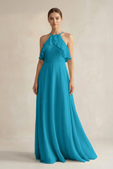 Halter Neck A - Line Chiffon Bridesmaid Dress with Keyhole in Blue Jay - KISS BRIDAL Bridesmaid Dresses