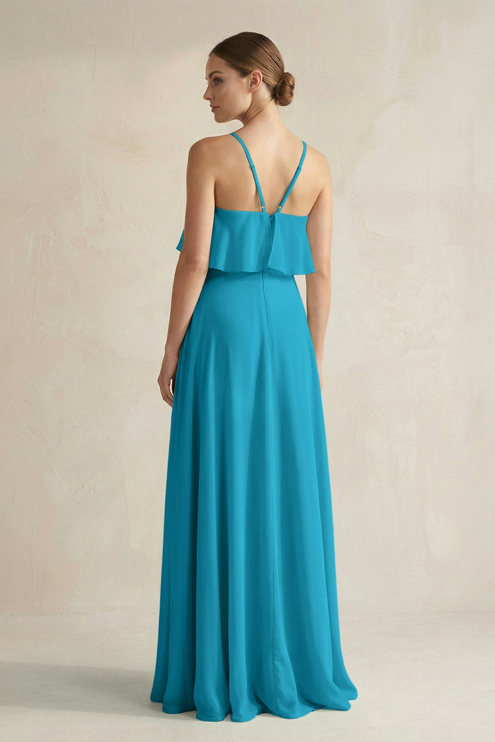 Halter Neck A - Line Chiffon Bridesmaid Dress with Keyhole in Blue Jay - SHE IS ME Bridesmaid Dresses