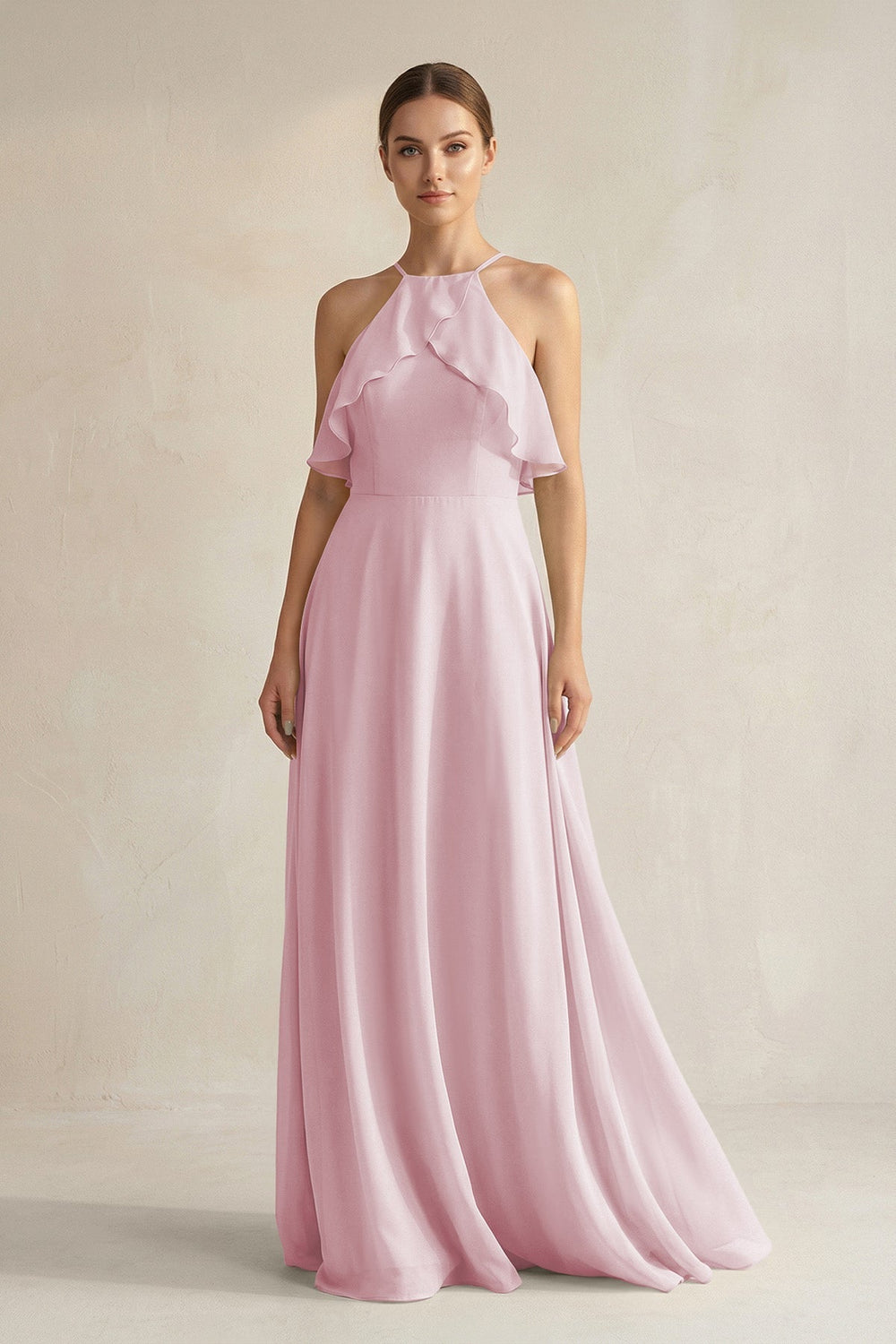 Halter Neck A - Line Chiffon Bridesmaid Dress with Keyhole in Candy Pink - SHE IS ME Bridesmaid Dresses