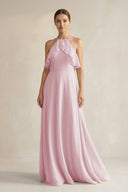 Halter Neck A - Line Chiffon Bridesmaid Dress with Keyhole in Candy Pink - SHE IS ME Bridesmaid Dresses