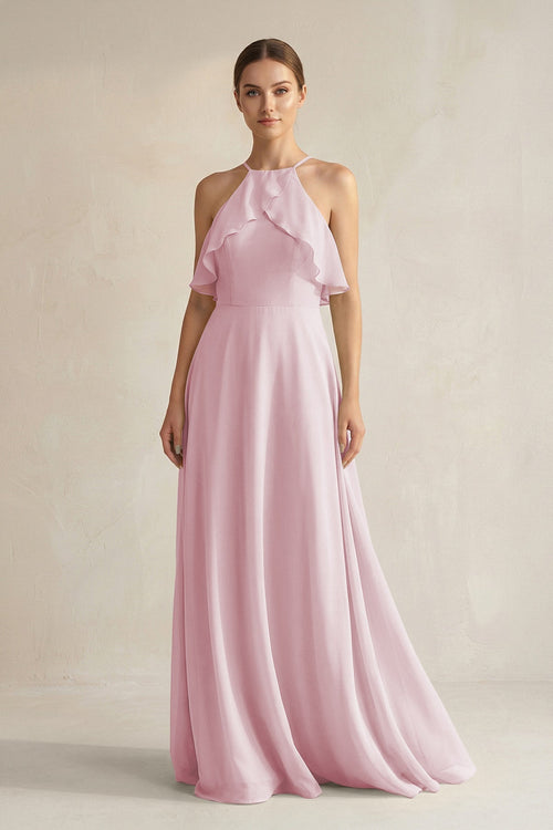 Halter Neck A - Line Chiffon Bridesmaid Dress with Keyhole in Candy Pink - SHE IS ME Bridesmaid Dresses
