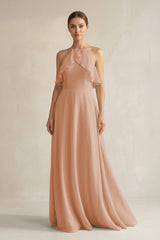 Halter Neck A - Line Chiffon Bridesmaid Dress with Keyhole in Champagne Rose - KISS BRIDAL Bridesmaid Dresses