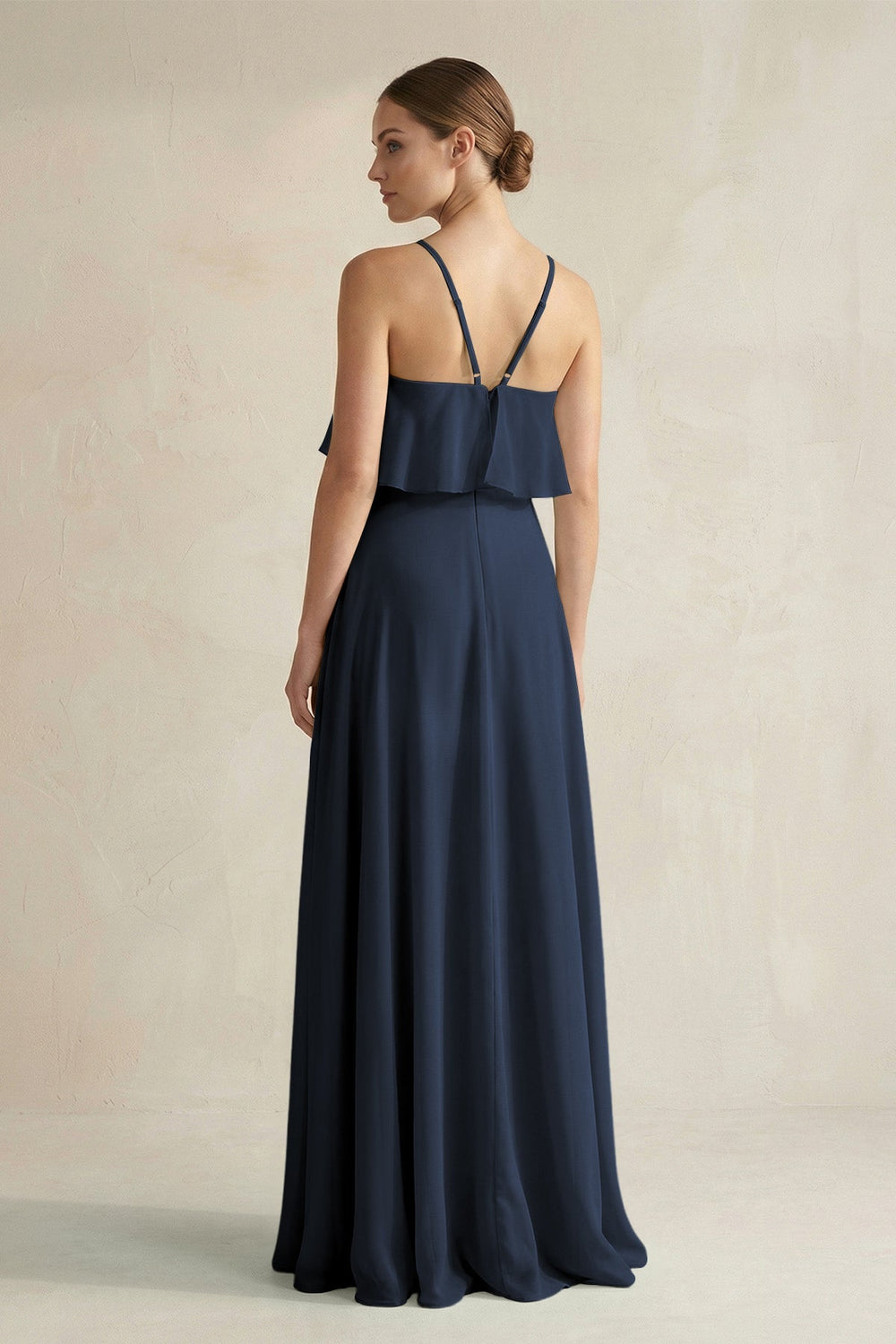 Halter Neck A - Line Chiffon Bridesmaid Dress with Keyhole in Dark Navy - SHE IS ME Bridesmaid Dresses