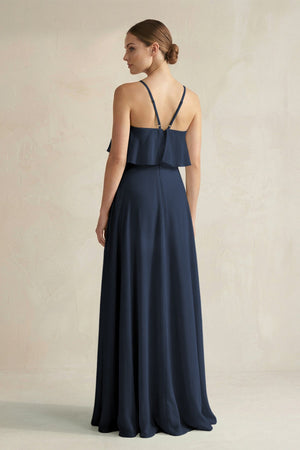 Halter Neck A - Line Chiffon Bridesmaid Dress with Keyhole in Dark Navy - SHE IS ME Bridesmaid Dresses