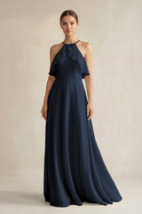 Halter Neck A - Line Chiffon Bridesmaid Dress with Keyhole in Dark Navy - KISS BRIDAL Bridesmaid Dresses