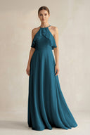 Halter Neck A - Line Chiffon Bridesmaid Dress with Keyhole in Dark Teal - SHE IS ME Bridesmaid Dresses