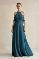 Halter Neck A - Line Chiffon Bridesmaid Dress with Keyhole in Dark Teal - KISS BRIDAL Bridesmaid Dresses