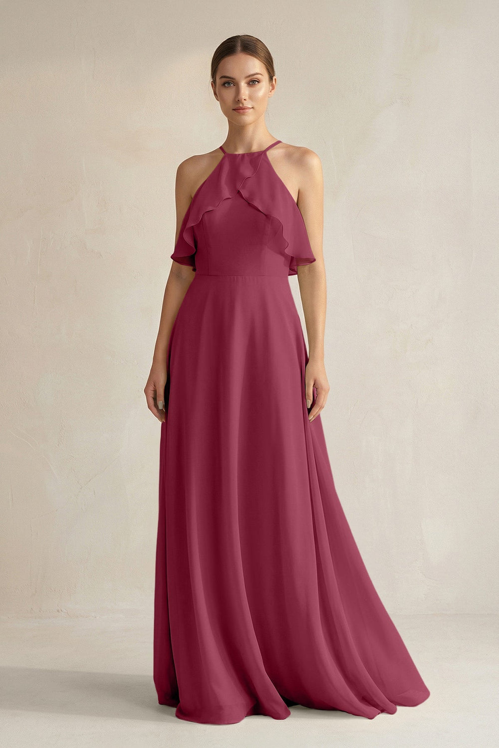 Halter Neck A - Line Chiffon Bridesmaid Dress with Keyhole in Desert Rose - SHE IS ME Bridesmaid Dresses