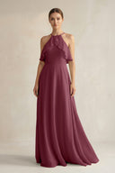 Halter Neck A-Line Chiffon Bridesmaid Dress with Keyhole in Desert Rose | KISSBRIDAL