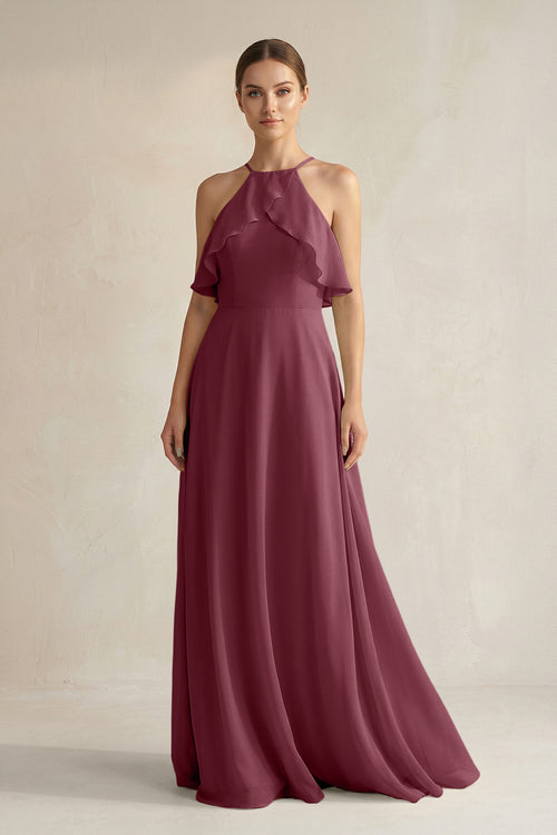 Halter Neck A-Line Chiffon Bridesmaid Dress with Keyhole in Desert Rose | KISSBRIDAL