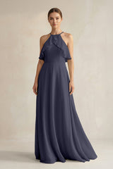Halter Neck A - Line Chiffon Bridesmaid Dress with Keyhole in Dusk Blue - KISS BRIDAL Bridesmaid Dresses