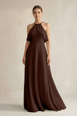 Halter Neck A - Line Chiffon Bridesmaid Dress with Keyhole in Espresso - KISS BRIDAL Bridesmaid Dresses