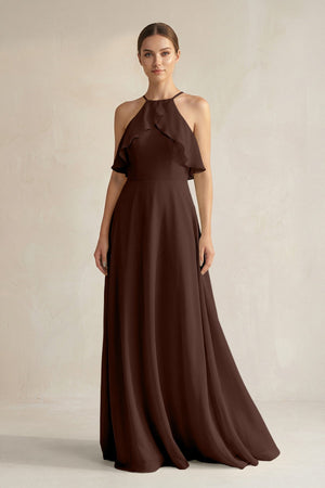 Halter Neck A - Line Chiffon Bridesmaid Dress with Keyhole in Espresso - SHE IS ME Bridesmaid Dresses