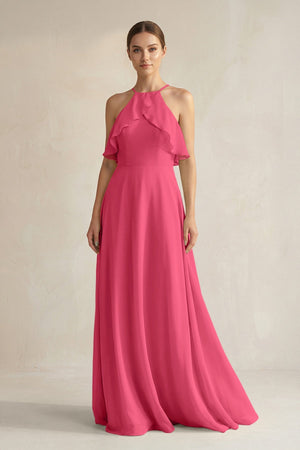 Halter Neck A - Line Chiffon Bridesmaid Dress with Keyhole in Fuchsia - SHE IS ME Bridesmaid Dresses