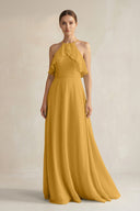 Halter Neck A - Line Chiffon Bridesmaid Dress with Keyhole in Marigold - SHE IS ME Bridesmaid Dresses